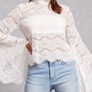 DO + BE White Lace Bell Sleeve Top/Blouse